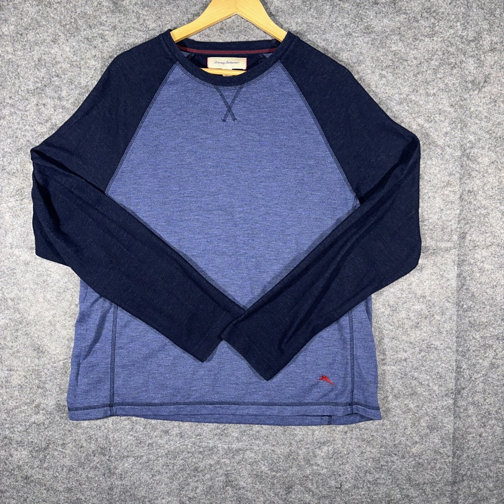 Tommy Bahama‎ Men's Shirt Size XL Blue Solid Long Sleeve Red Logo Fishing Casual